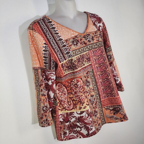 Chicos Top Womens Size 0 Small Paisley Floral V Neck Stretchy Peach Maze Boho - Picture 4 of 8